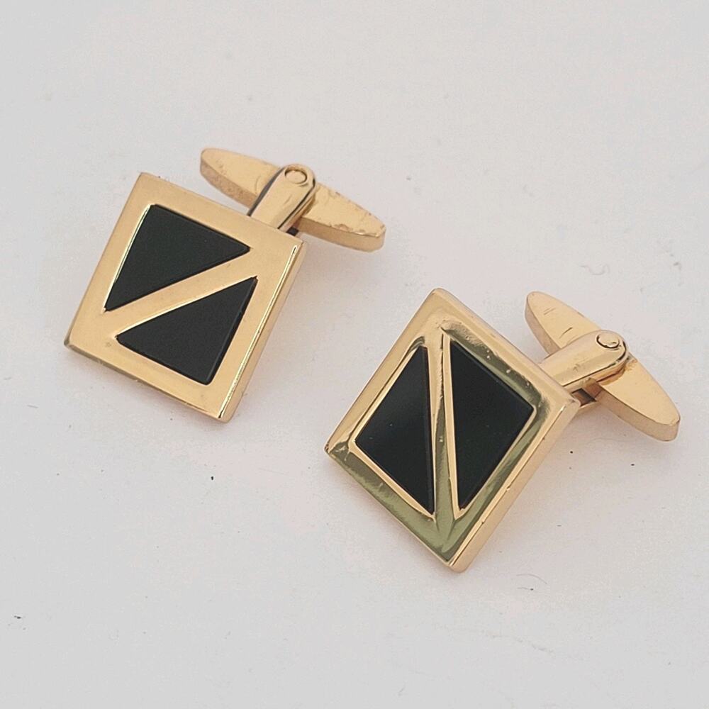 Christian Dior Cufflinks Gold Onyx Black Tone Logo Square Designer Vintage